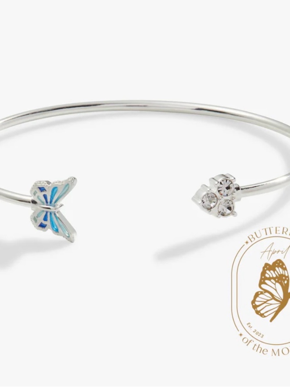 Butterfly Accent Silver Open Bangle Bracelet - Blue